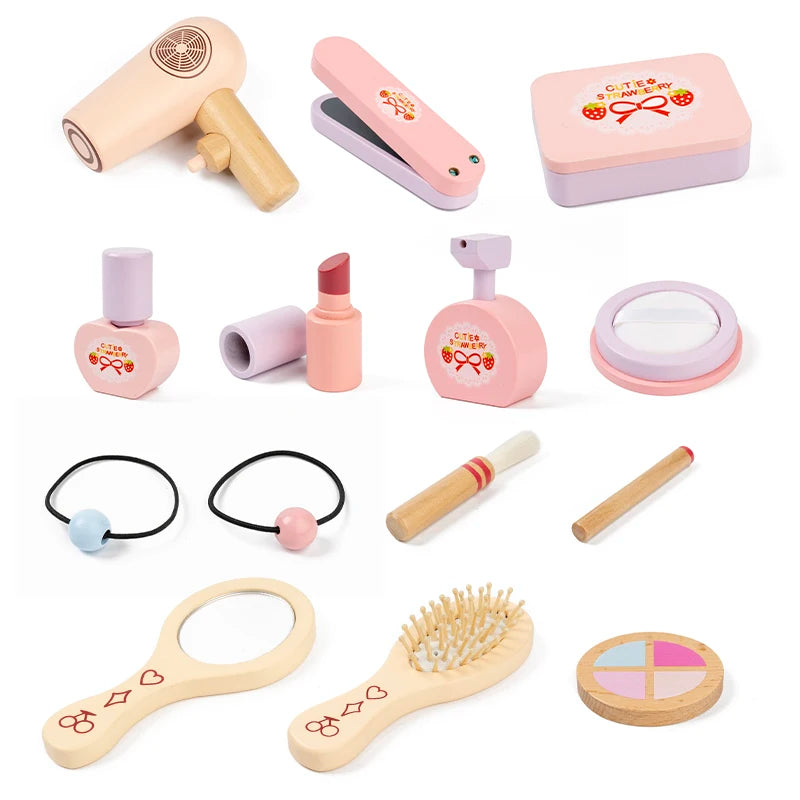Wooden Cosmetics Toy Set Girls Play House Toys Simulation Lipstick Eye Shadow Nail Paint Toys Pretend Makeup Role-playing Game